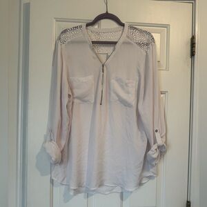 New York & Company Cream Blouse with Lace Shoulders